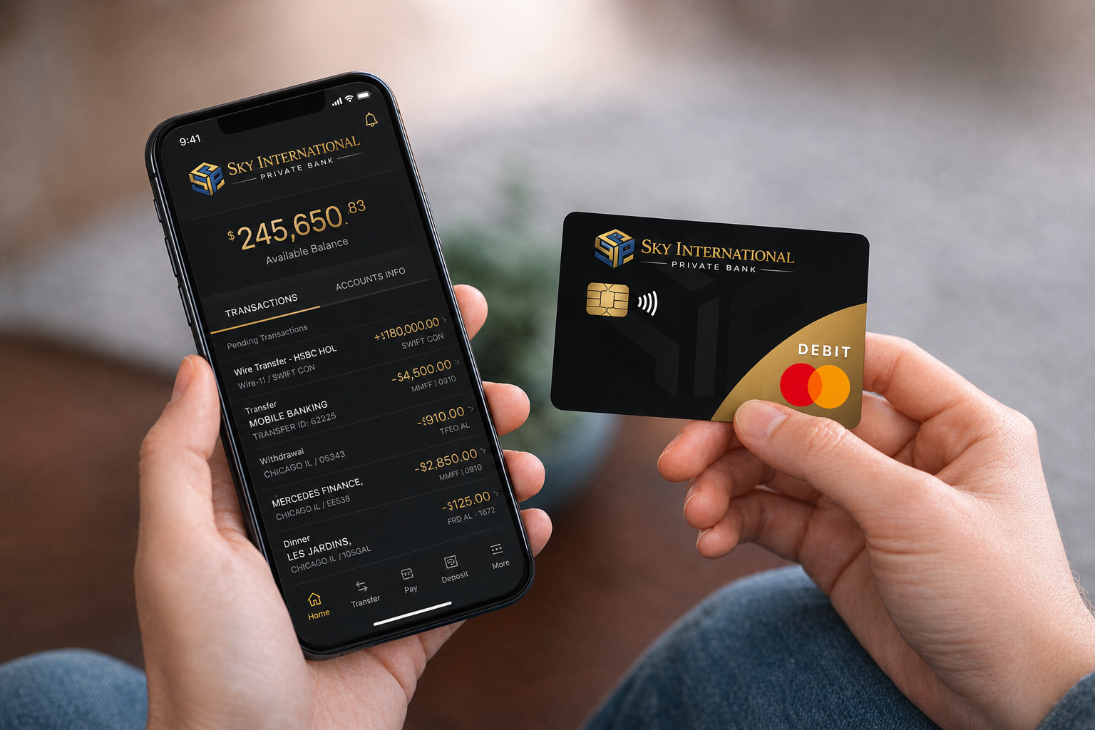 Nexford mobile banking on a smartphone next to a debit card.