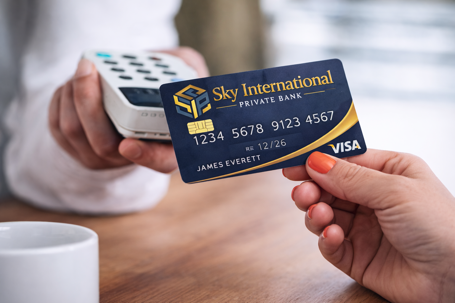 Nexford debit card at checkout, representing linked everyday banking and savings.